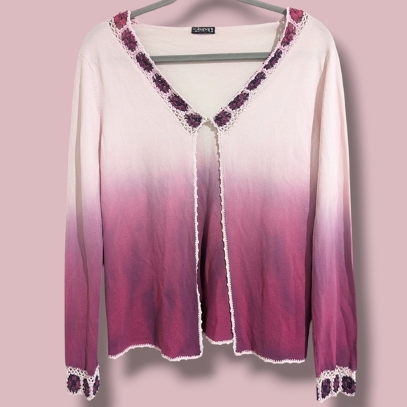 Vintage Pink And Purple Ombre Floral Crochet Knit Open Cardigan Cottagecore - Picture 1 of 11